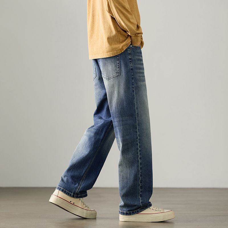 Autumn and winter new high-end European, American and Japanese loose large-size straight cotton elastic denim trousers men's trendy MEN