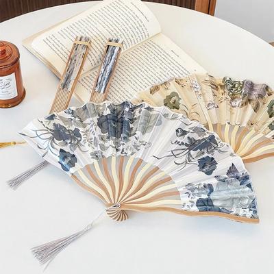 High Quality Silk Folding Fan Classical Hand Fold Fan Tassel Folding Fan  Female
