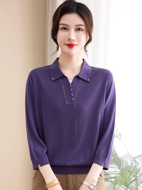 

Versatile Women s Knitwear: Lapel Long Sleeve Loose Top for Middle-Aged and Elderly - Perfect Spring Base Layer or Standalone T-Shirt XL (suggested 60-67.5 kg)