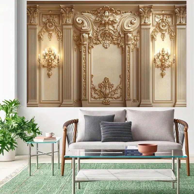 1 Luxurious Baroque-style Photo Background with Golden Reliefs and Marble Columns - Suitable for Weddings, Polyester