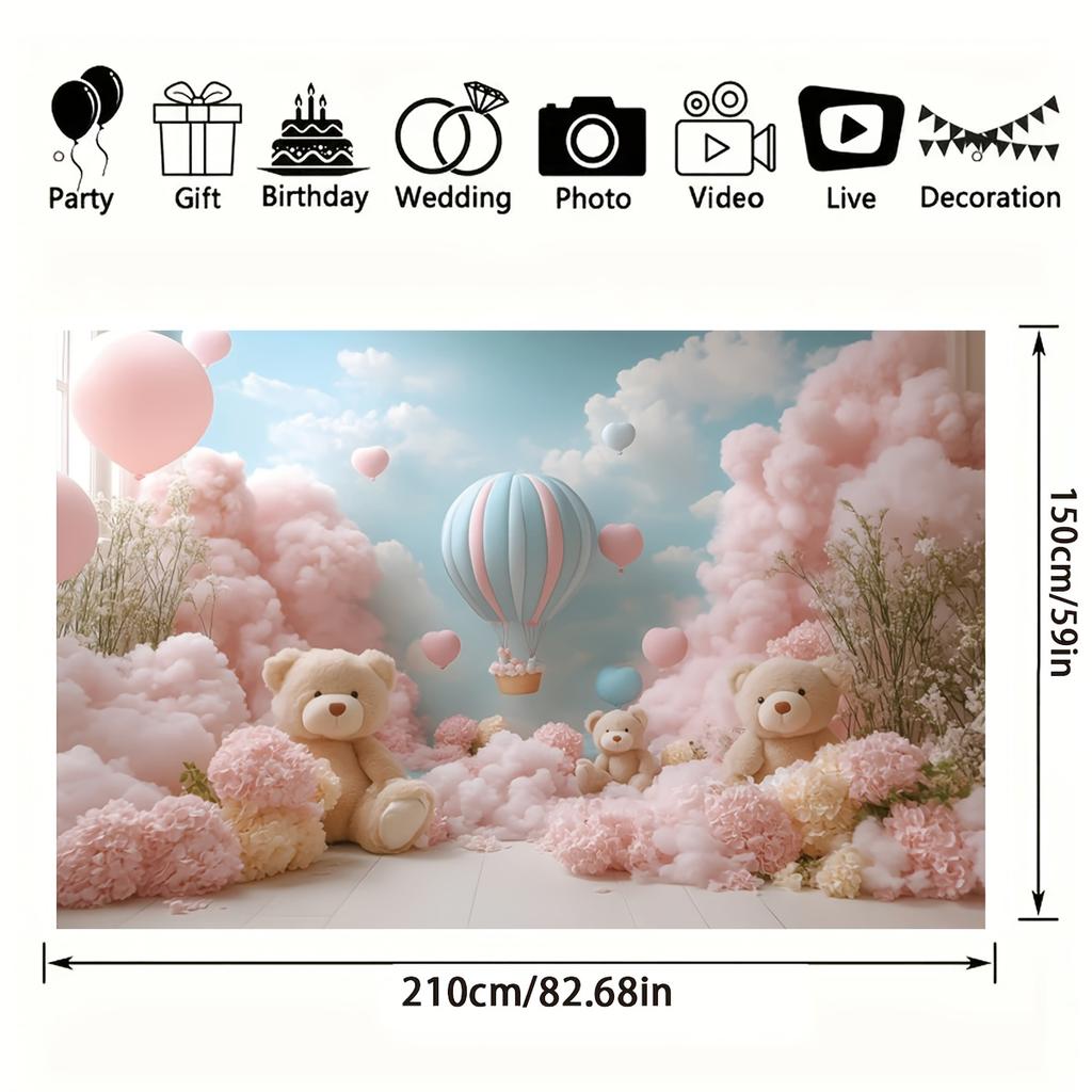 Hot Air Balloon and Cloud Design with Bear Dolls, Pink and Blue Themed Party Decorations, Birthday Party Background Decorations