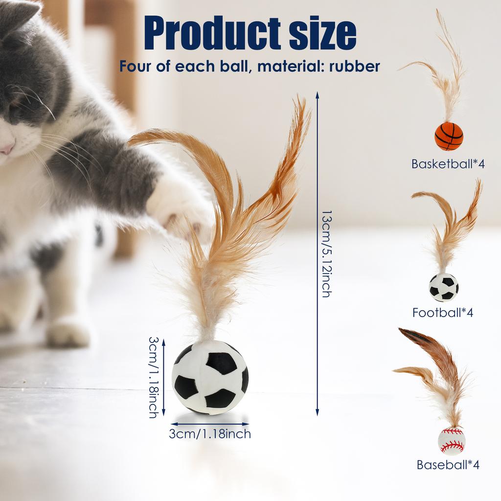 12Pcs Feather Ball Cat Toy Rubber Bouncy Balls Cat Interactive Ball Toys Indoor Pet Training Catcher Chew Toy for Kitten Playing