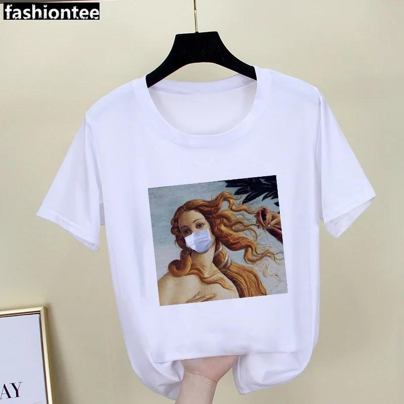 Parody Retro Oil Painting Print Ladies Simple Loose White Round Neck Short Sleeve T-shirt Women Clothing Graphic Tops Harajuku