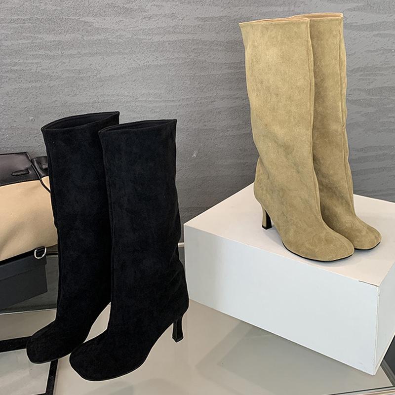 Liyke Fashion Quadratische Zehenpartie Motorrad Kniehohe Stiefel Damen Herbst Winter Niedrige Dünne Absätze Schuh Weibliche Lange Stiefel Zapatos De Mujer