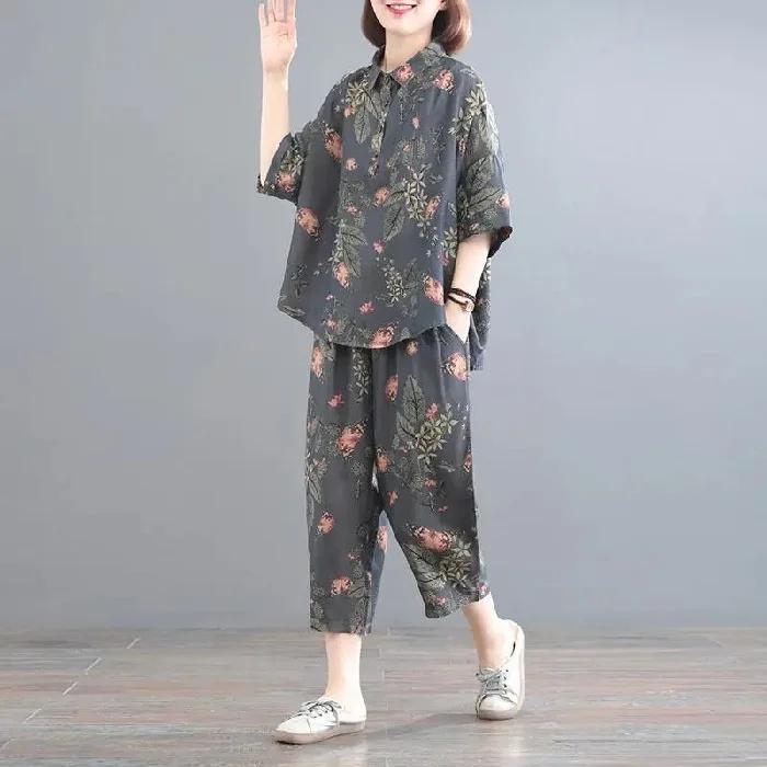 

Корейский стиль большой размер прикрывающий мясо костюм из двух частей с принтом ретро темперамент женский летний повседневный костюм XXXXL темно-синий