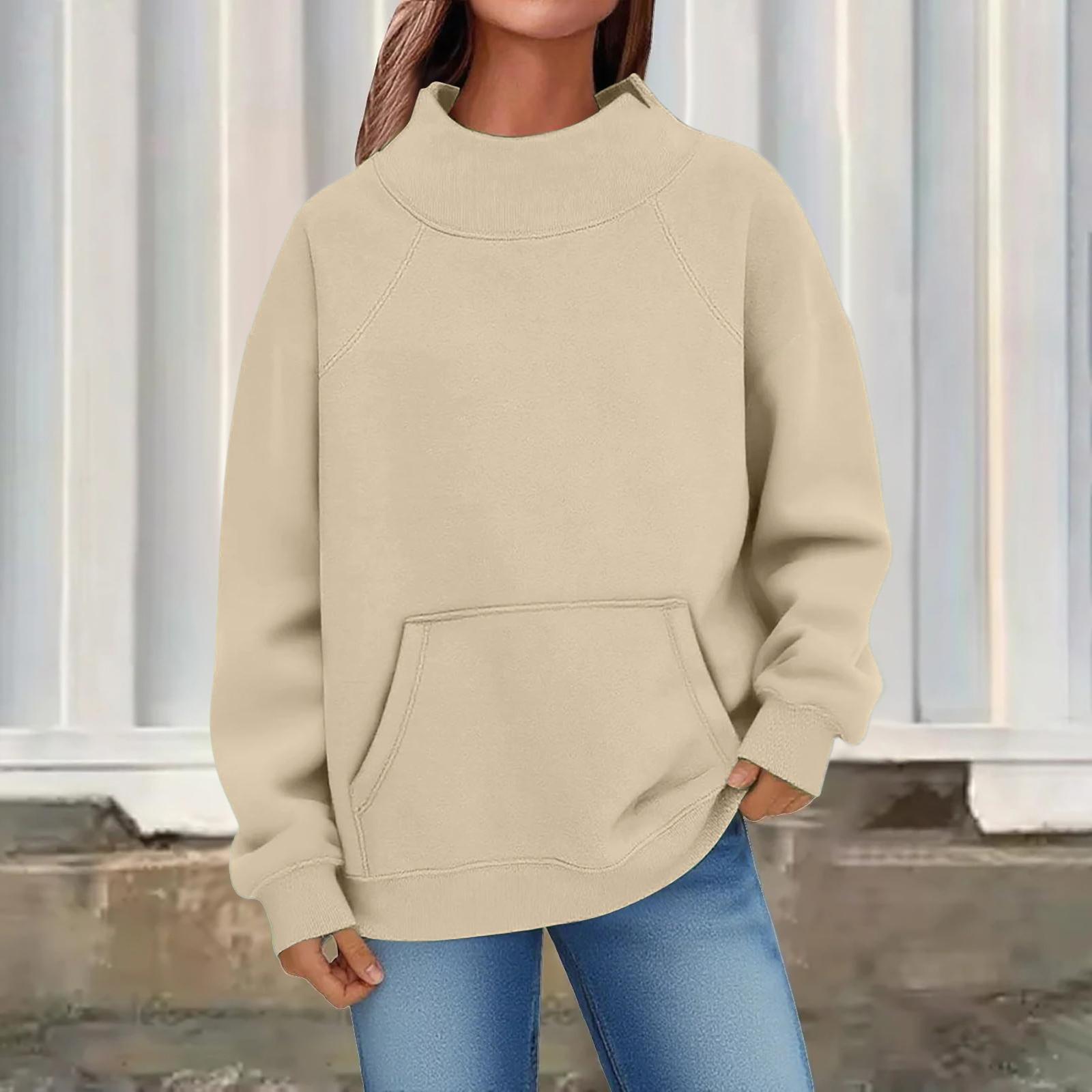 

Women s Fashion Oversized Fleece-Lined Long-Sleeve High-Neck Pullover Color Sweatshirt XL бежевий
