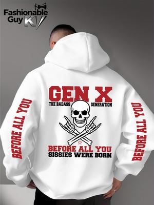 Gen X Totenkopf Knochen Rock Geste Print Herren Hip Hop Sportlicher Hoodie, Seiten Vertikaler Buchstaben Slogan Rückendesign, Locker Punk Street Sweatshirt