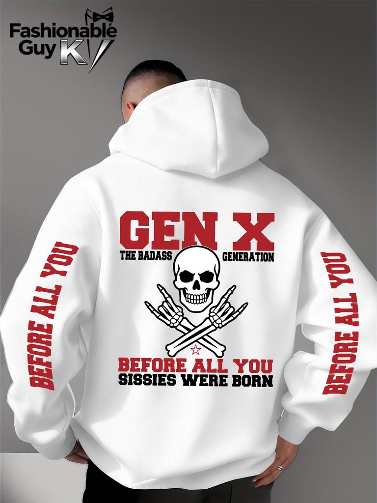 Gen X Totenkopf Knochen Rock Geste Print Herren Hip Hop Sportlicher Hoodie, Seiten Vertikaler Buchstaben Slogan Rückendesign, Locker Punk Street Sweatshirt
