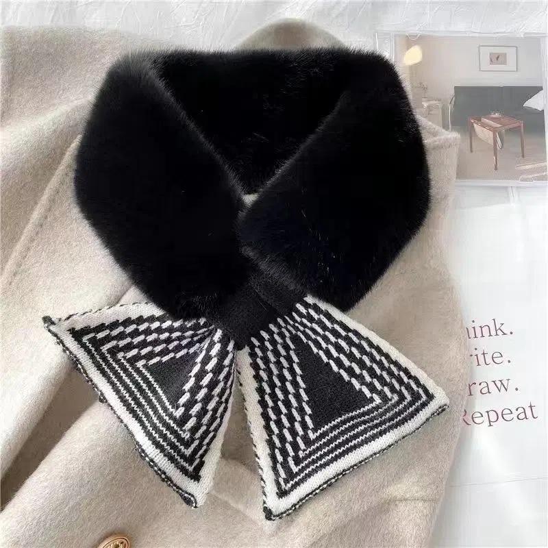 Scarf Women's Autumn and Winter Ins Versatile Korean Version of Plush Imitation Otter Rabbit Fur Scarf Stripe Thickened Warm Neck Fur Collar