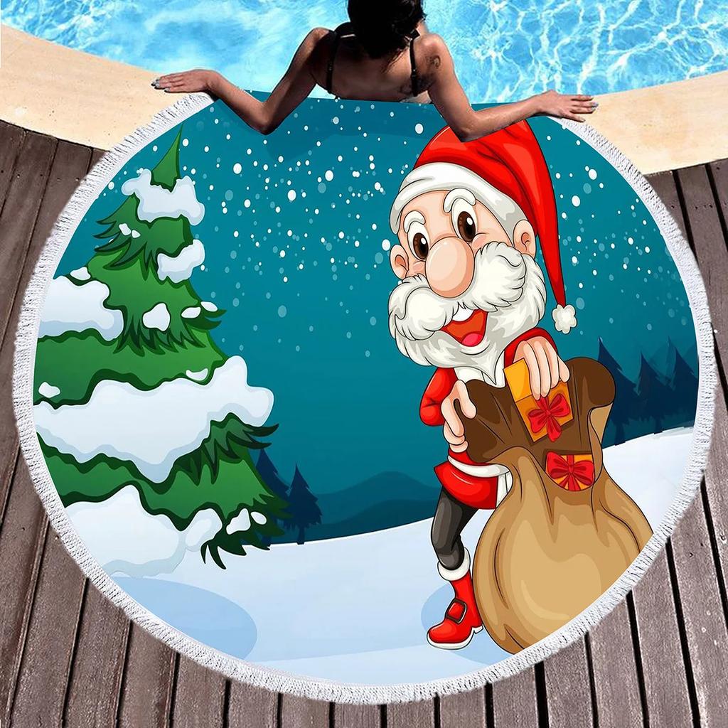Cartoon Santa Claus Round Beach Towel,Christmas Theme Beach Towels, Microfiber Bath Towel for Boys Girls Adult New Year's Gift