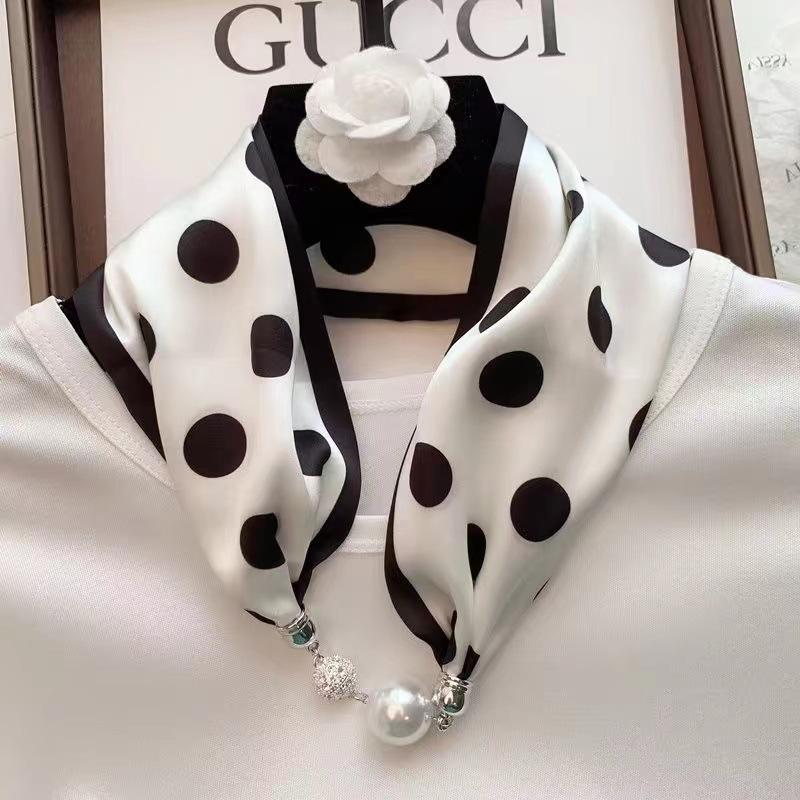 Live Season Magnet Buckle Silk Scarf Women'S Pearl Necklace Long Silk Scarf Headband Decorative Small Scarf