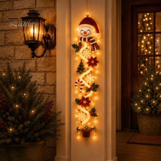 Snowflake Xmas Mantel Accents Glowing Christmas Door Hanger, Crochet Spiral Ornament with LED Lights, Snowman Santa Reindeer Decorative Winter