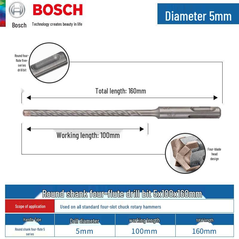 Bosch 5-Series Electric Hammer Drill Bit, Four-Groove, Cross Wall-Penetrating, Extended Length, Round Shank for Concrete.