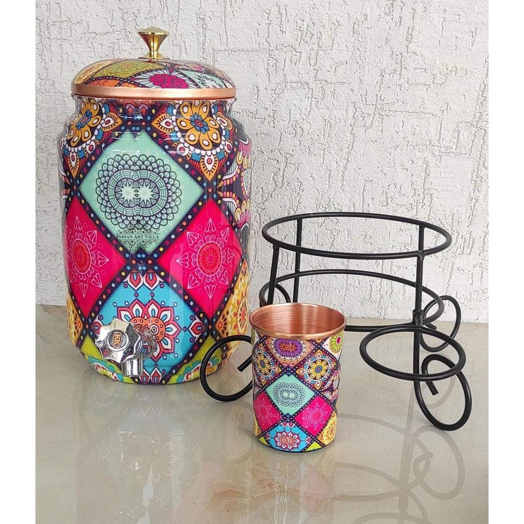 Pure Copper Colorful Diamonds Printed Design Water Pot Heavy Gauge with Brass Tap & Copper Glass & Stand, Storage & Serving Water, Volume- 5 Liters