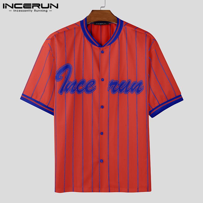 INCERUN Men Collarless Striped Short Sleeve Buttons T-shirts Stitching Summer Tops