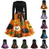 Women's Casual Vintage Halloween Dress Long Sleeve Round Neck Retro Print Fit and Flare Midi Dress with Waist Tie Belt