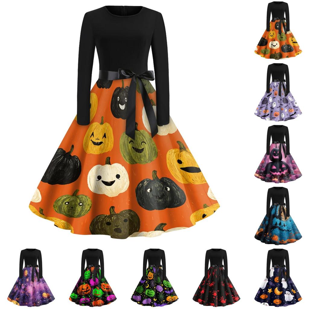 Women's Casual Vintage Halloween Dress Long Sleeve Round Neck Retro Print Fit and Flare Midi Dress with Waist Tie Belt