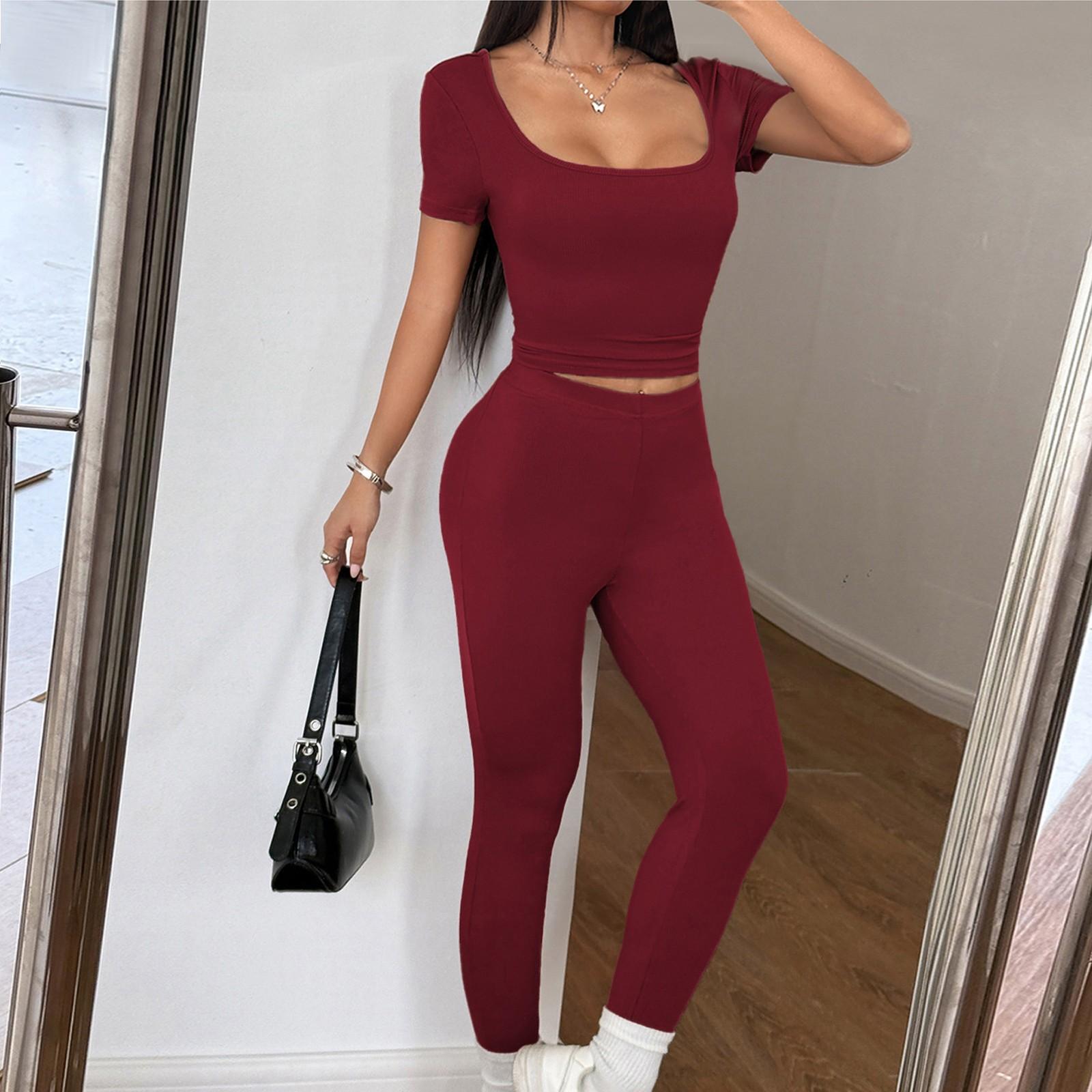 

Жіночий костюм-двійка Сексуальний топ з коротким рукавом та штани для йоги Комплекти-двійки L винний