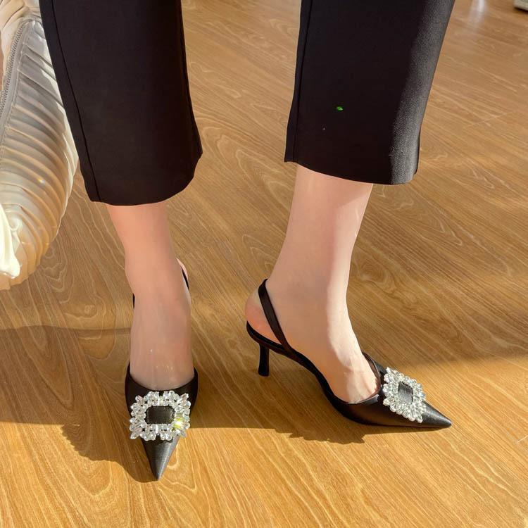 

Baotou sandals women s thin heels spring and summer square buckle rhinestone thin strap pointed single shoes one-word strap high heels 34 чёрный