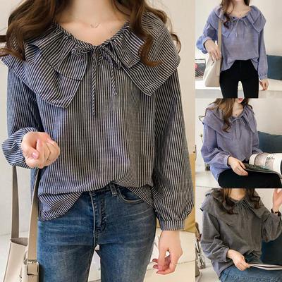 Moda mujer Casual rayas señoras manga larga volantes Tops sueltos