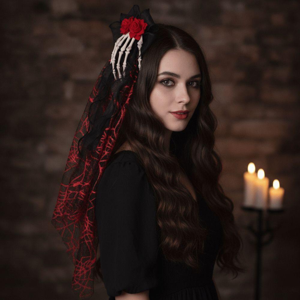 Long Tulle Skeleton Hand Mesh Veil 3D Skeleton Skull Hairwear Gothic Headband Stage Performance