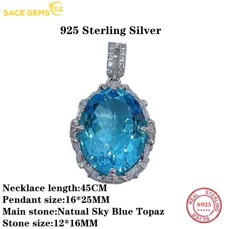 Sace Gems Natual Sky Blue Topaz Pendant 925 Sterling Silver Pendant Necklace for Women Everyday Party Fine Jewelry Gift