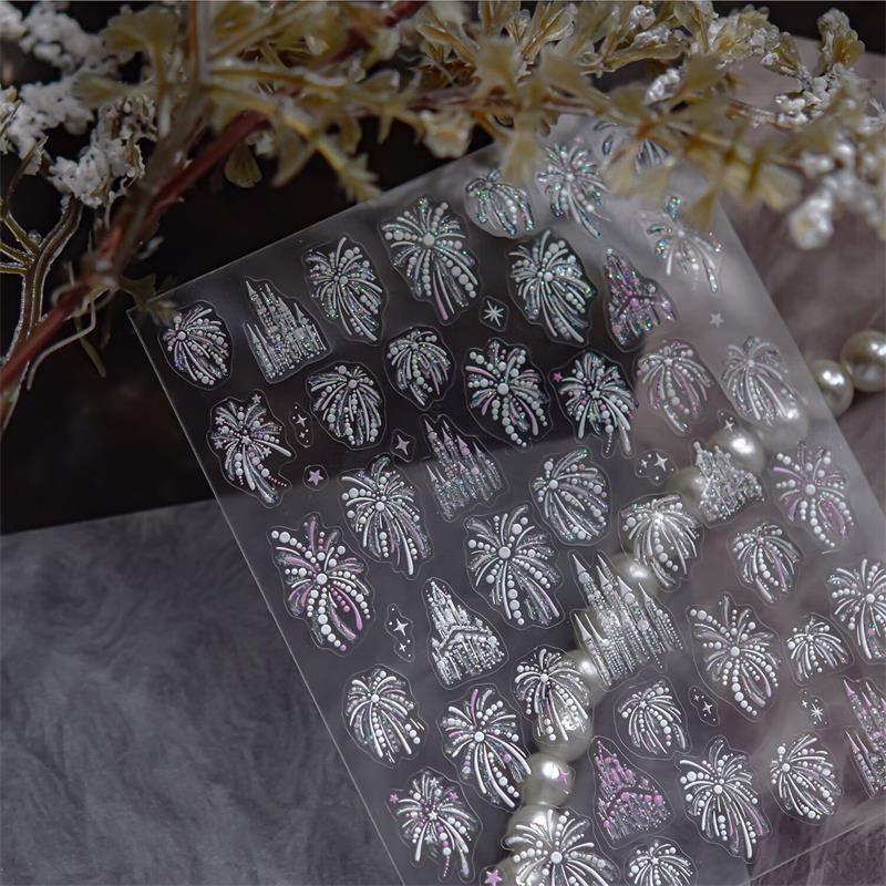 Pretty Colourful Firework Castle Shiny Romantic Pyrotechnics Embossment Self Adhesive Nail Art Stickers New Year Manicure Decals