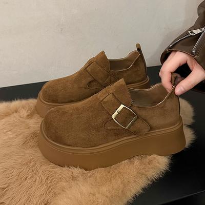 Fashion Women's Fashion Thick Sole Single Shoes Spring New Round Head Suede Metal Buckle Anti-slip Wear-resistant Flat Shoes