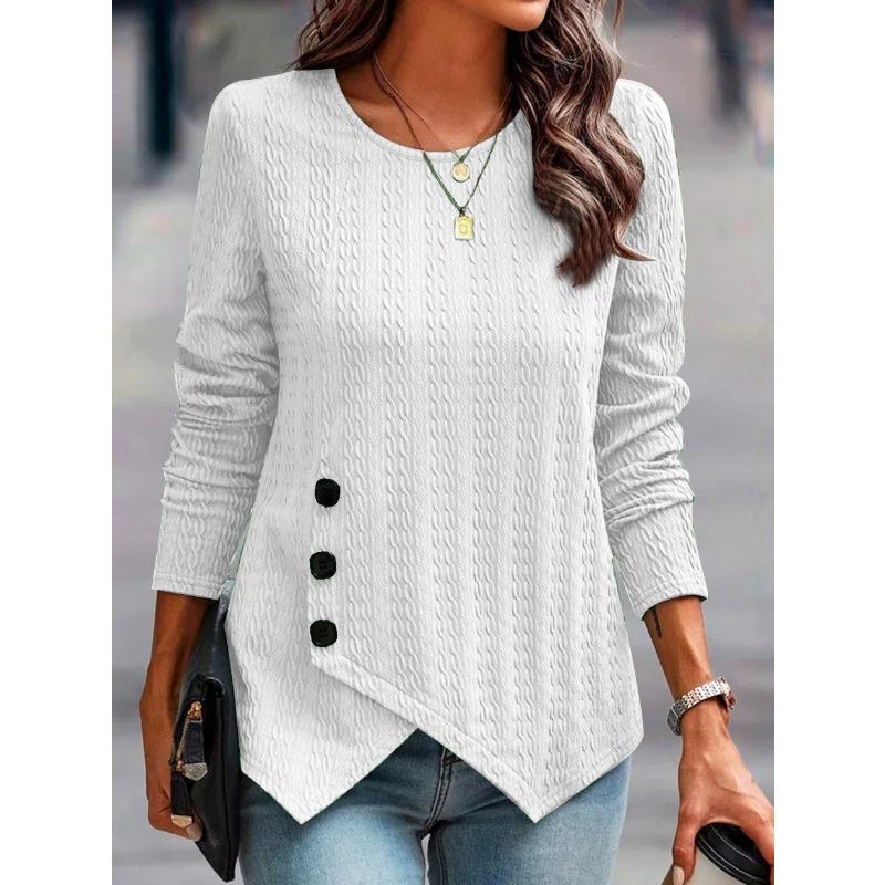 4 Solid Color Jacquard Long Sleeved Autumn Round Neck Button T-shirt Simple Versatile Daily Street Women's Top