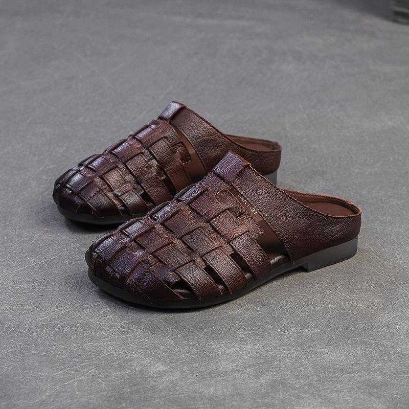 Fashion GKTINOO 2025 Summer New Handmade Woven Breathable Flat Slippers Casual Genuine Leather Women's Slip-on Shoes