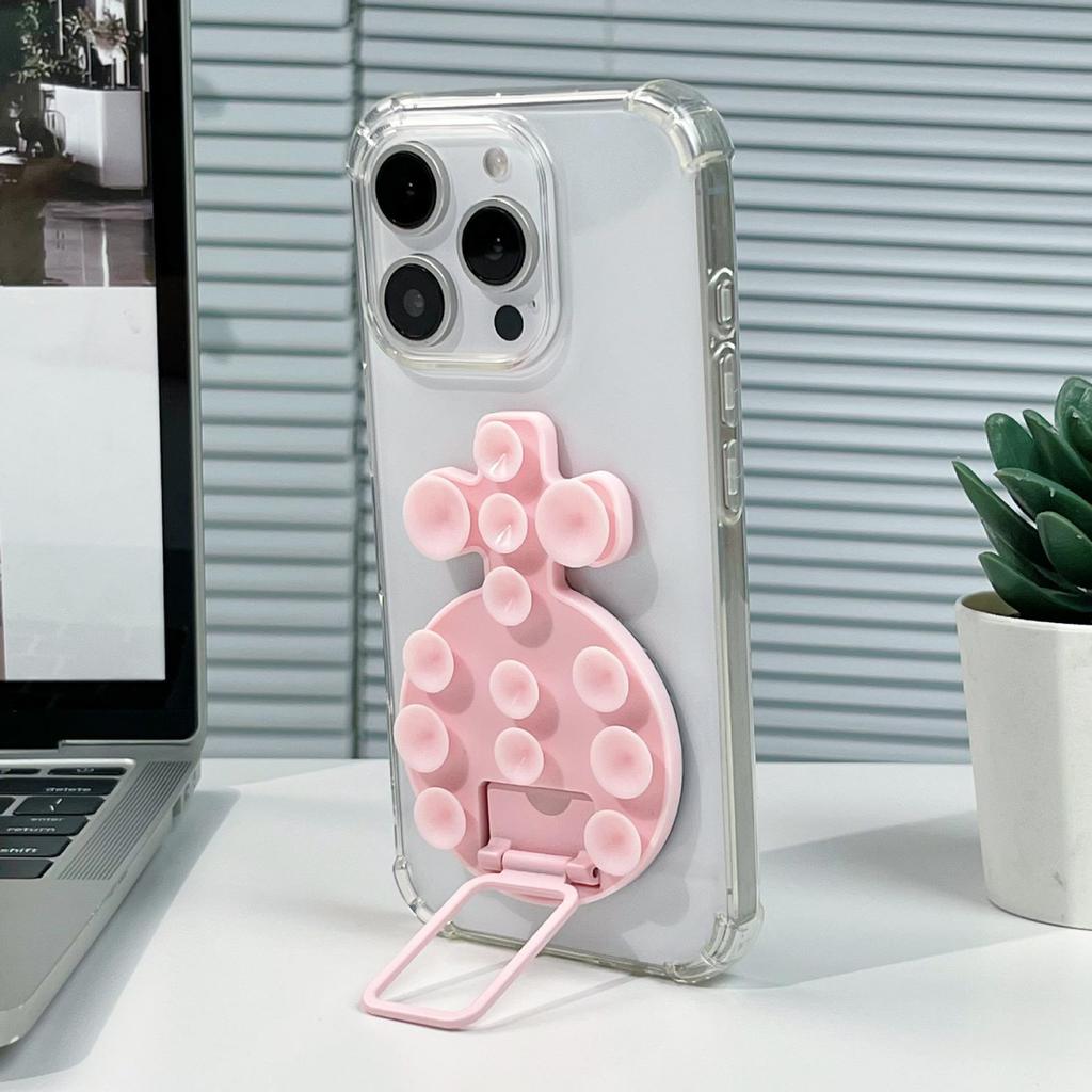 Magnetic Liquid Silicone Phone Case with Adhesive Metal Ring and Retractable Suction Cup Stand