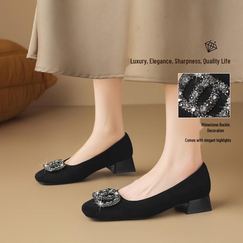 ZHR Women's Rhinestone Buckle Low-Cut Chunky Heel Slip-On Pumps K509