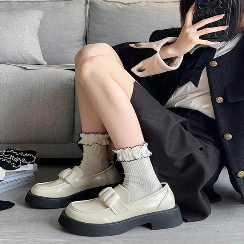 Chaussettes ankle en dentelle douce à volants et revers pour femme Style japonais Fille Dame Princesse Côtelées en coton à volants Mi-hautes