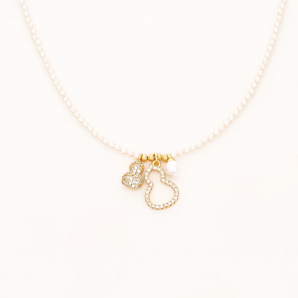 Chinese Fortune Gourd Pendant Pearl Necklace & Bracelet Set: High-End Elegant Collarbone Chain