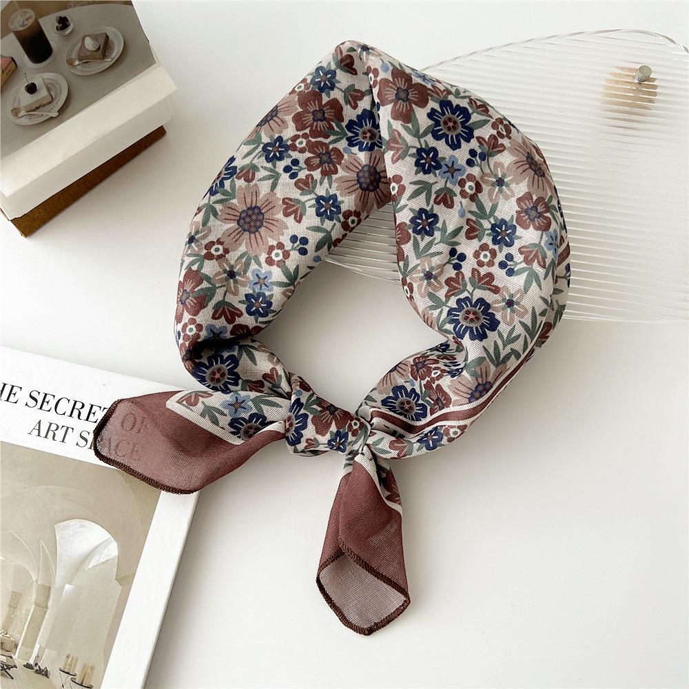 55cm Girls Cotton Linen Spring Square Scarf for Women Chic Headband Fashion Decorative Hairband Floral Neck Scarf