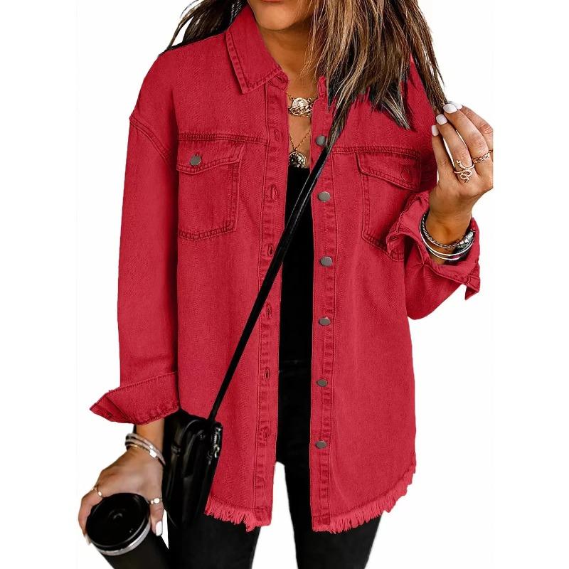 Washed Denim Jacket Women Autumn Tassel Lapel Jeans Female Casual Loose Long Sleeve Single Breasted Outerwear Shirts Coat
