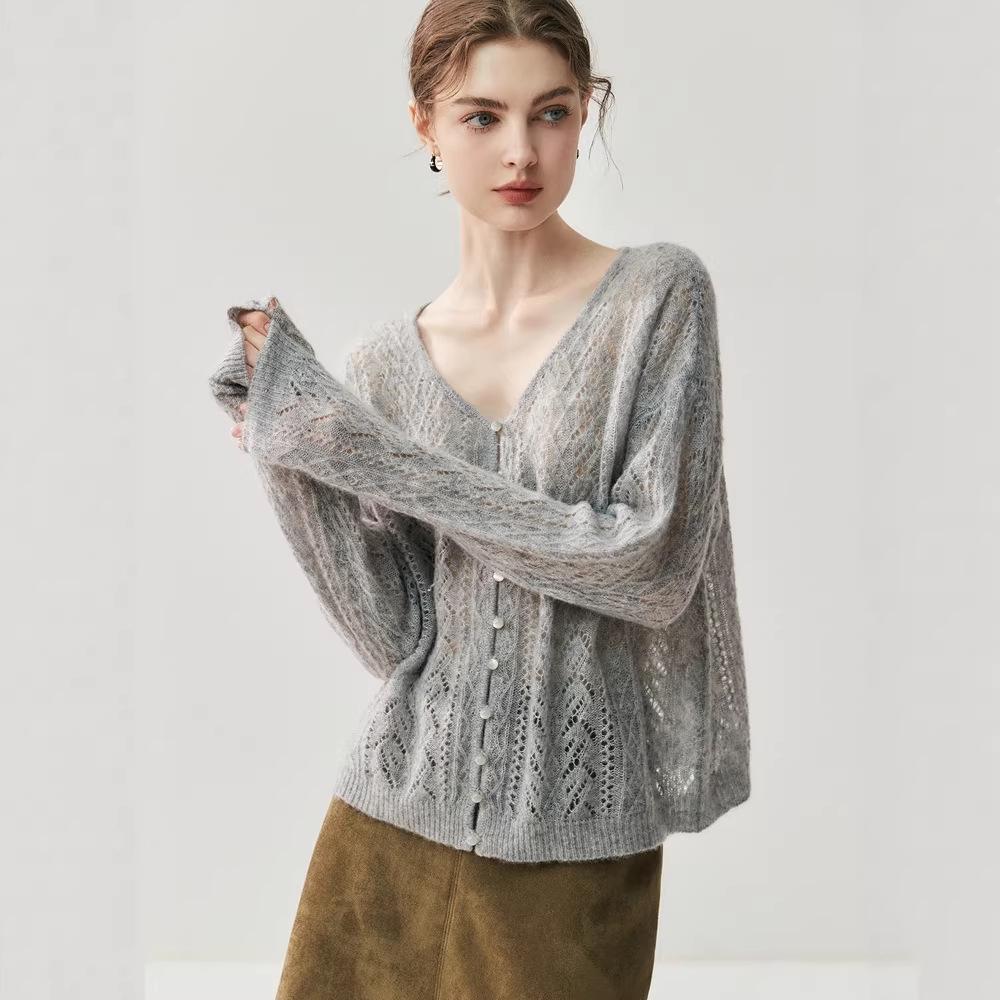 Autumn/Winter Women's Cashmere V-neck Hollow Out Cardigan - Loose, Slimming, Versatile, Thick Knit