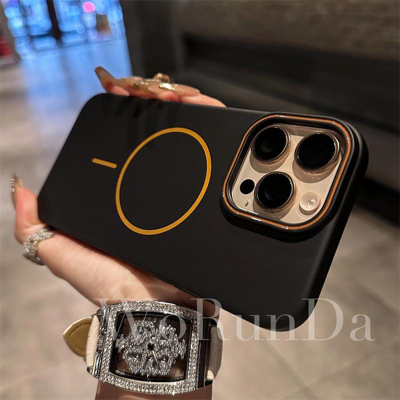 Applicable to iPhone16 contrasting color frame magnetic suction mobile phone case Apple 15promax thin ring skin feeling ultra-thin protective case