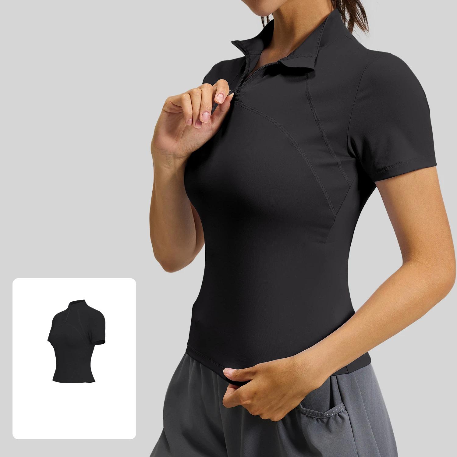 

Summer New Outdoor Running Yoga Short Sleeved T-shirt Women Half-zip Slimming High Elastic Fitness Clothing Top S
