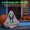 Front Porch Decor Halloween Skeleton Welcome Sign, Spooky Wooden Grim Reaper Shaped Door Rustic Hanging Sign Hanger, Horror Wall Plaque for