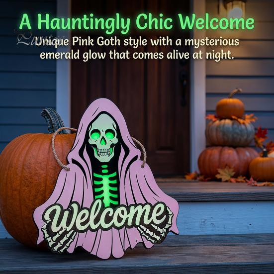 Front Porch Decor Halloween Skeleton Welcome Sign, Spooky Wooden Grim Reaper Shaped Door Rustic Hanging Sign Hanger, Horror Wall Plaque for