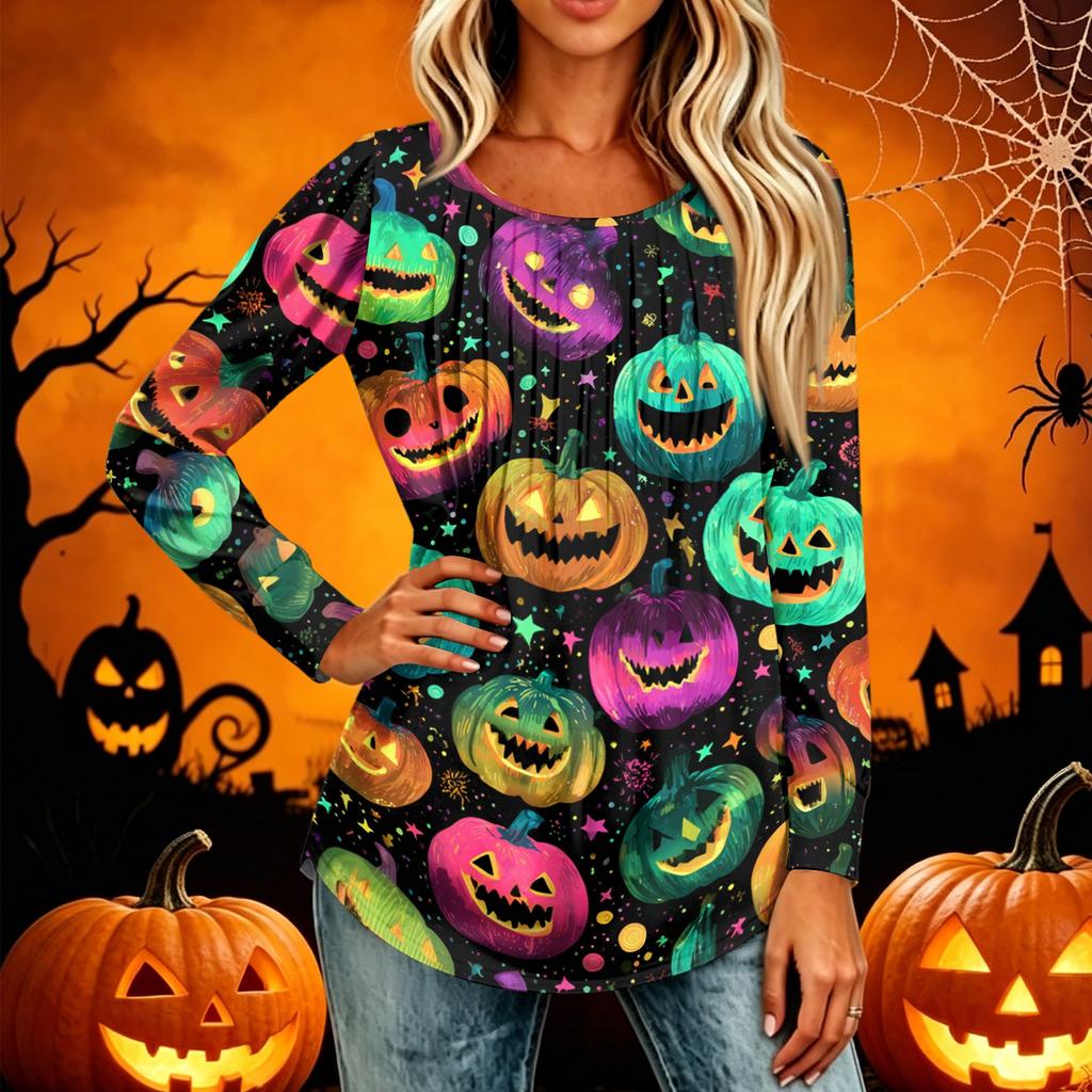 Women's Casual Long Sleeve T Shirt Pleated Round Neck Halloween Pumpkin Print Top Lightweight Comfortable Fit