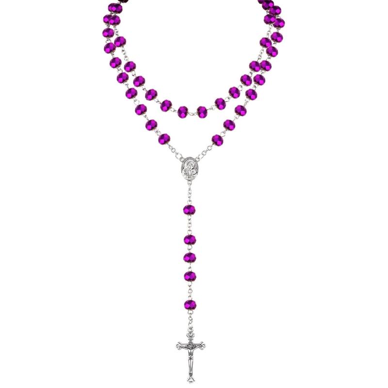 652F Catholic Rosary Crystal Beads Necklace with Miracles Medals Crosses Crucifix First Communion Rosary for Women Men