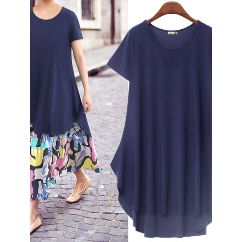Cross-Border Foreign Trade Casual Minimalist Summer New round Neck Dark Blue Loose Short Oversleeves Front Short Back Length Dress