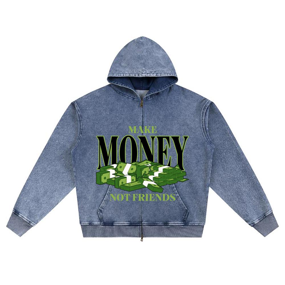 DTG Print Knitted Denim Zip-Up Hoodie Make Money Not Friends Brother Print Zipper Hoodies  