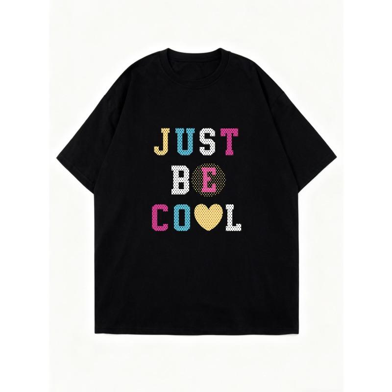 Oversized T-Shirt Dress Black Just Be Cool Colorful Text And Heart Print Casual Streetwear Fashion For Women