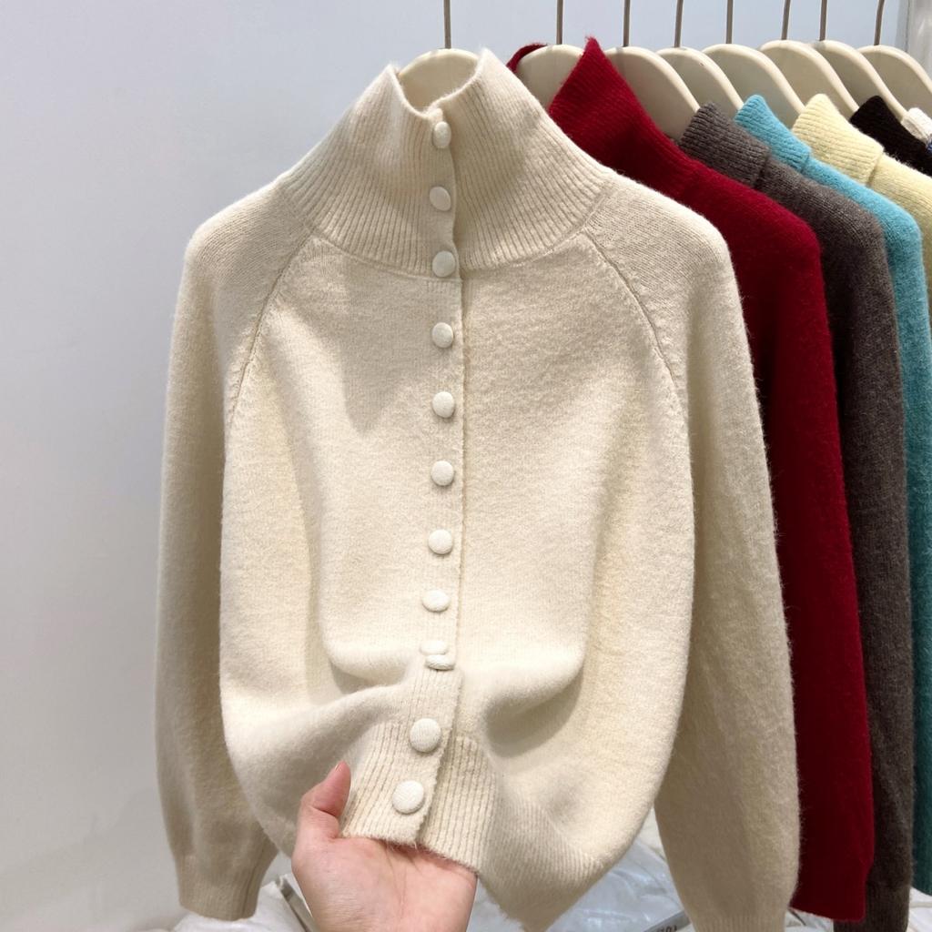 Angola red retro knitted sweater women's thickened turtleneck single-breasted top jacket autumn and winter temperament age-reducing cardigan