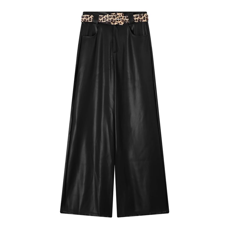 

Black American Style Sexy Fleece-lined Thick Leather Pants Women s Autumn High Waist Casual Pants Pants Baggy Straight Trousers Loose Pants Black + leopard belt XL