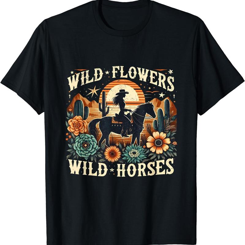 Wild Flowers Horses T Shirt S разноцветный
