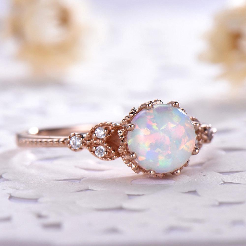 Dame Zirkon S925 kobberring Månestein Opalring Belagt med 18k Rosegull Hvit Opal Forlovelsesring